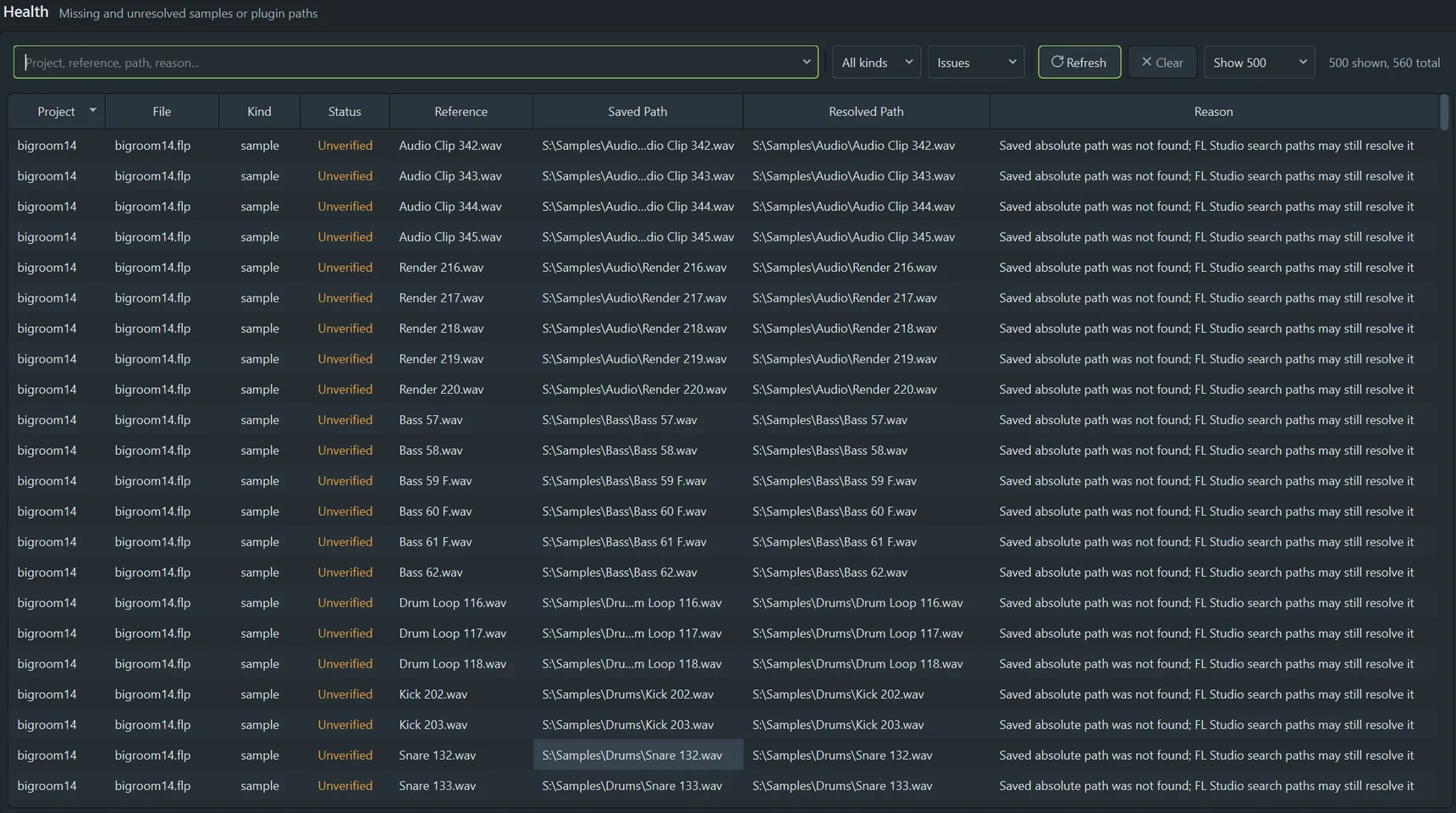 Health view: sample references with their status and where they were found